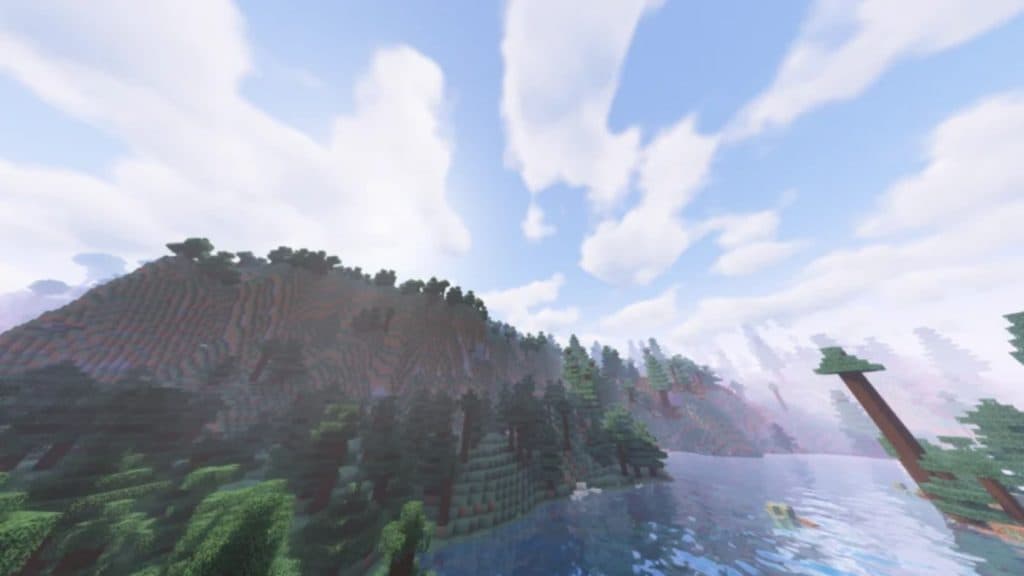 Mountains and a river shown with Solas Shaders in Minecraft.