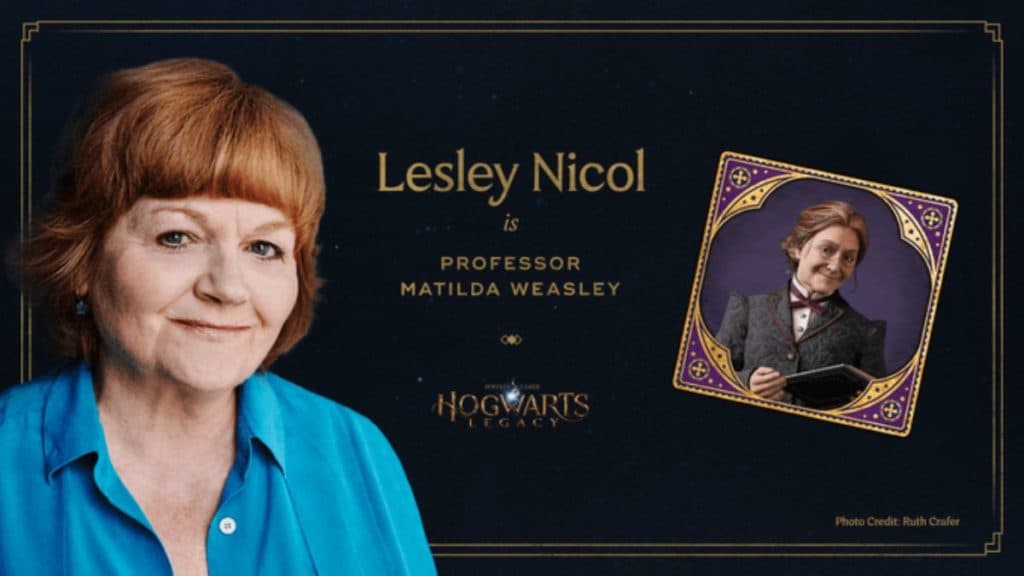 Lesley Nicol with Hogwarts Legacy character