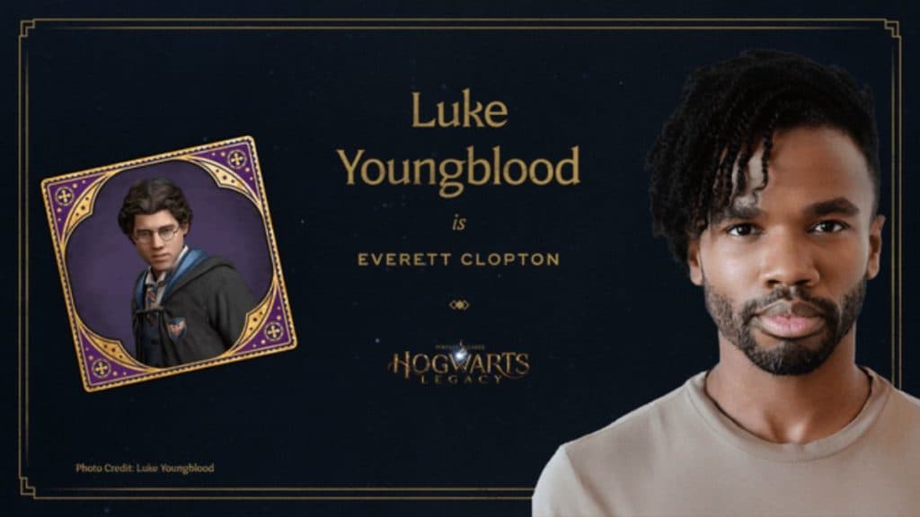 Luke Youngblood with Hogwarts Legacy character