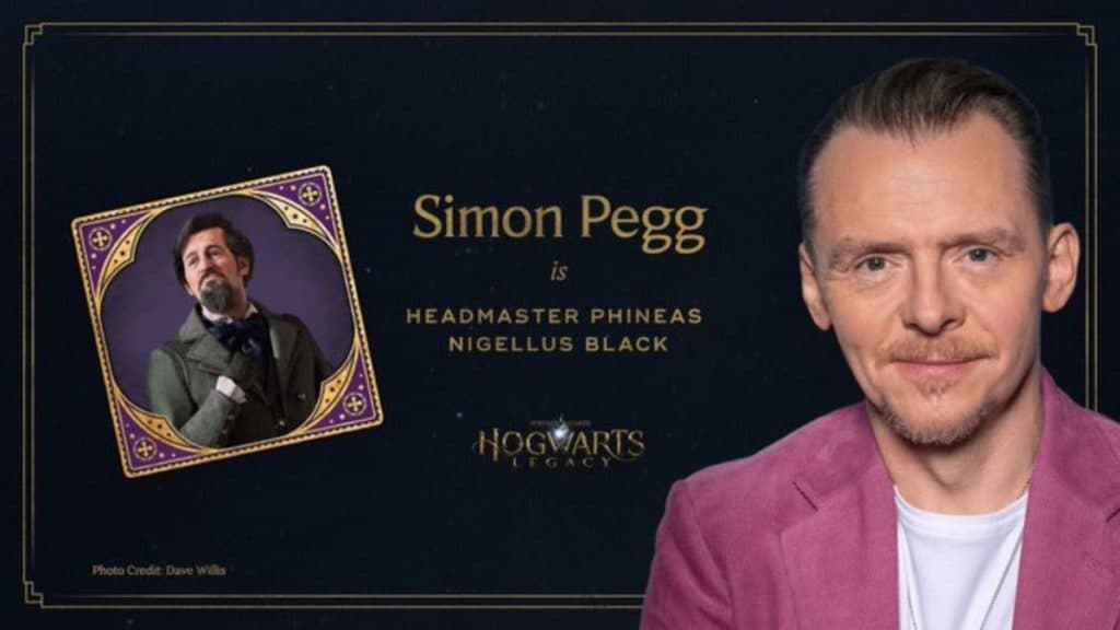 Simon Pegg with Hogwarts Legacy character