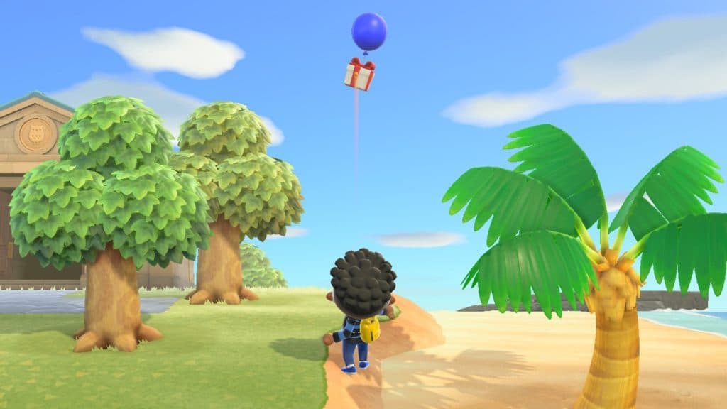 Blue Balloon floating present in Animal Crossing: New Horizons that can contain clay