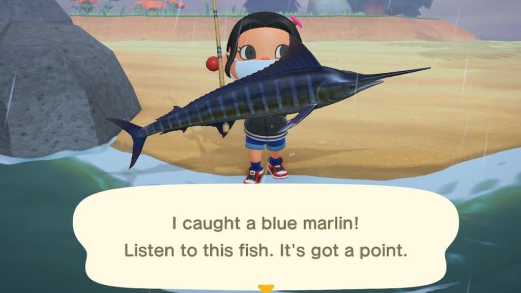 Character holding a large blue fish in Animal Crossing: New Horizons