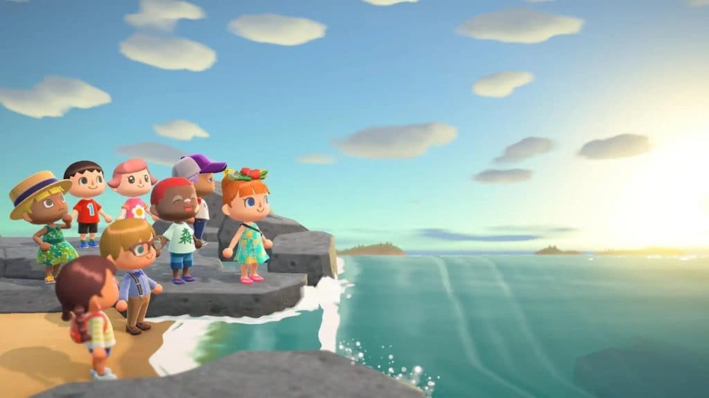 Animal Crossing characters standing near a beach shore