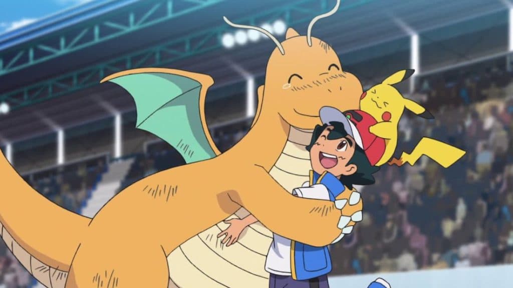 Dragonite, Ash, and Pikachu in the Pokemon anime
