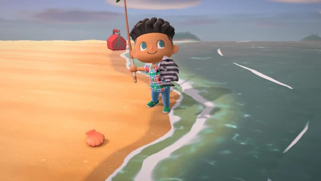 Animal Crossing New Horizons character holding fish and fishing rod