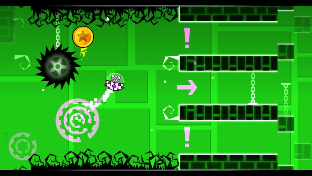 A level in Geometry Dash with platforms and obstacles