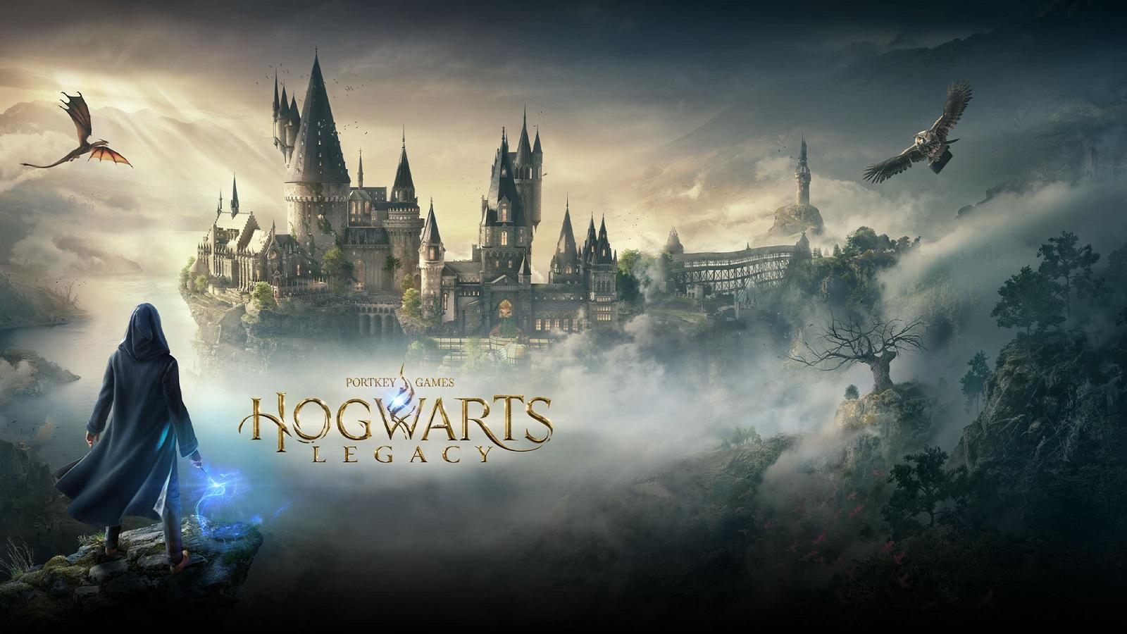 Hogwarts Legacy key art featuring a characters looking at Hogwarts.