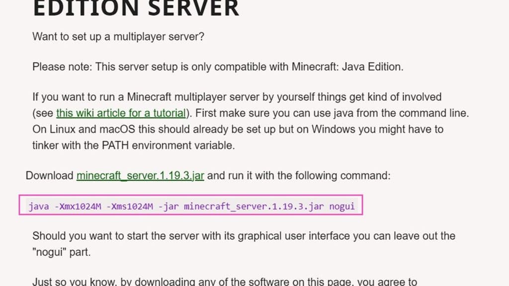 Minecraft server command on the official site