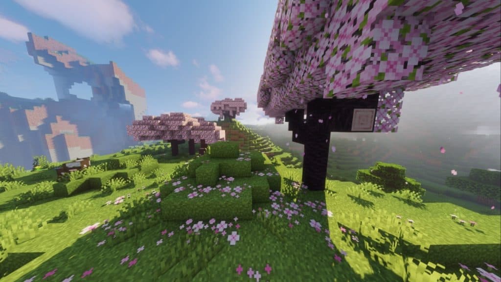 Cherry Blossom Trees in a Cherry Grove biome in Minecraft.