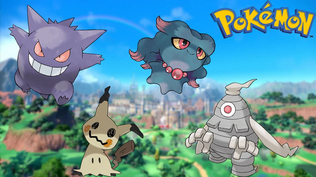 Four Ghost-type Pokemon in a Pokemon Scarlet and Violet background