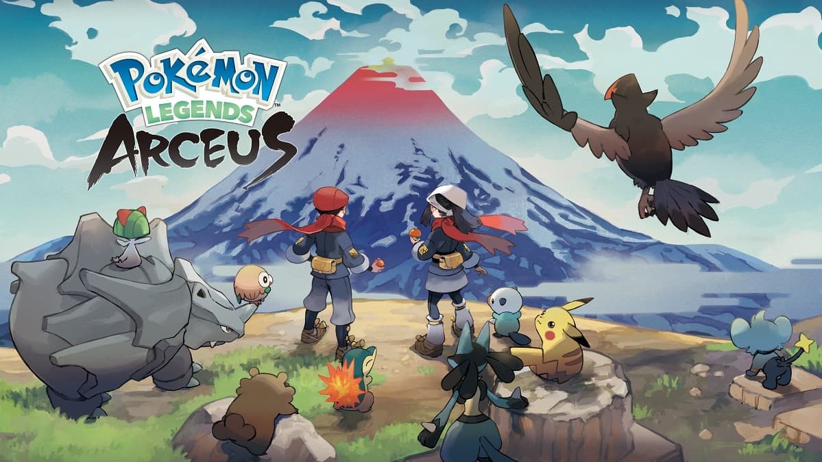 Pokemon Legends Arceus cover art with main characters, lots of pokemon and a volcano