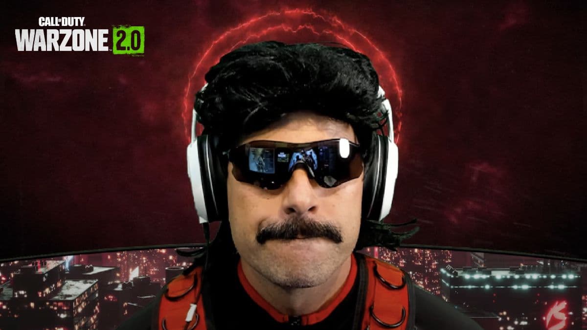 Dr Disrespect on stream with Warzone 2 logo