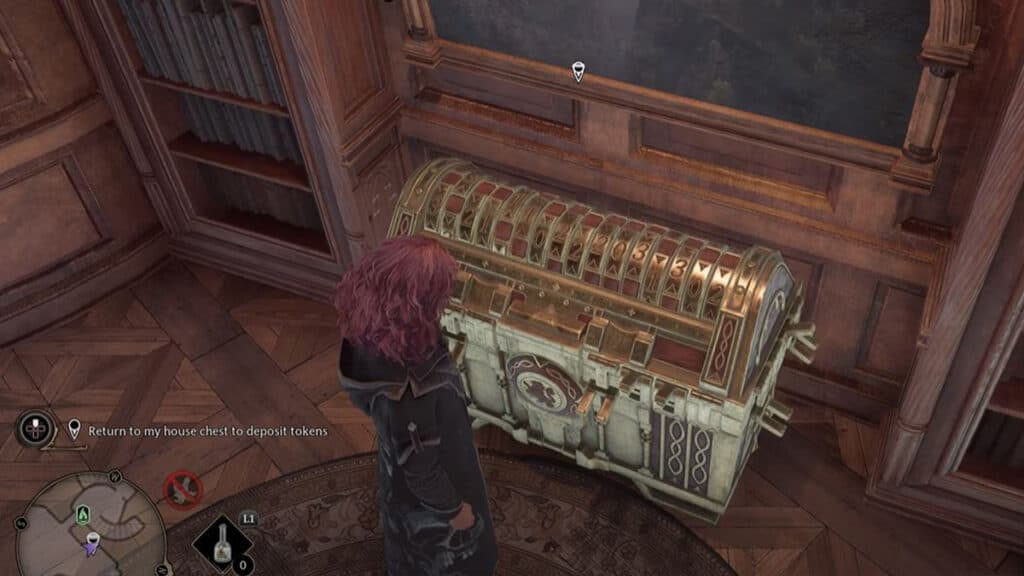 Player standing in front of the House chest in Hogwarts Legacy.