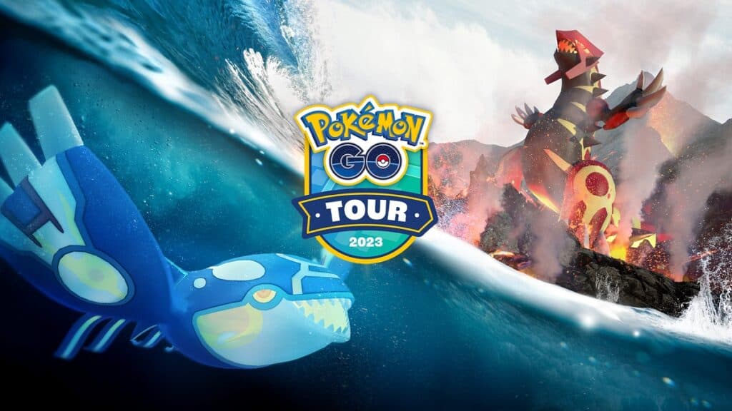 Kyogre and Groudon with the Pokemon Go Tour: Hoenn logo
