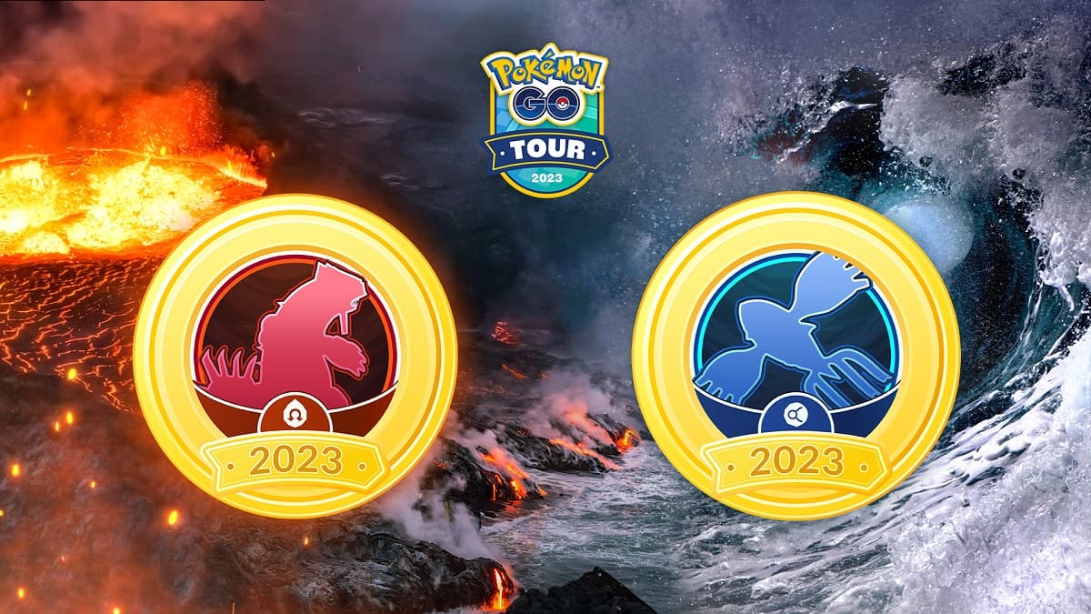 a Ruby and a Sapphire badge with the Pokemon Go Tour logo and a background with fire and water