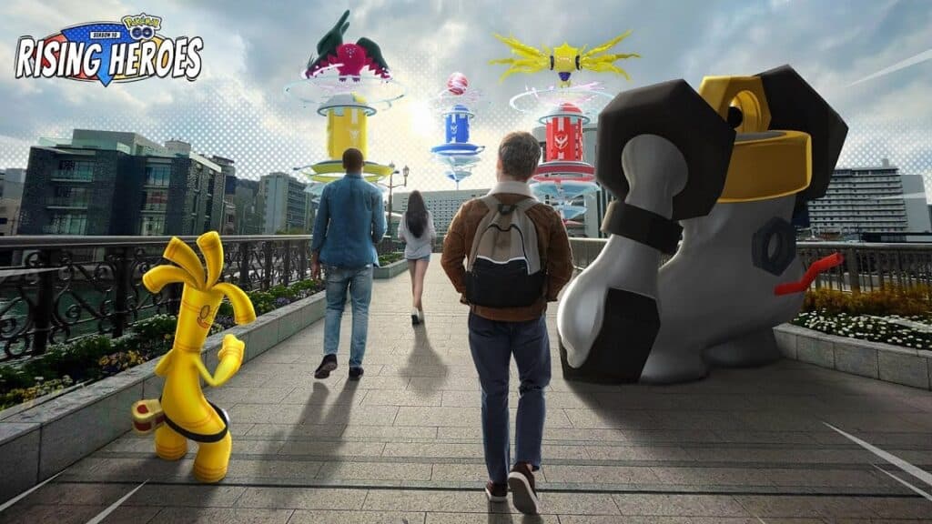 Gholdengo. Melmetal and trainers in a Pokemon Go poster