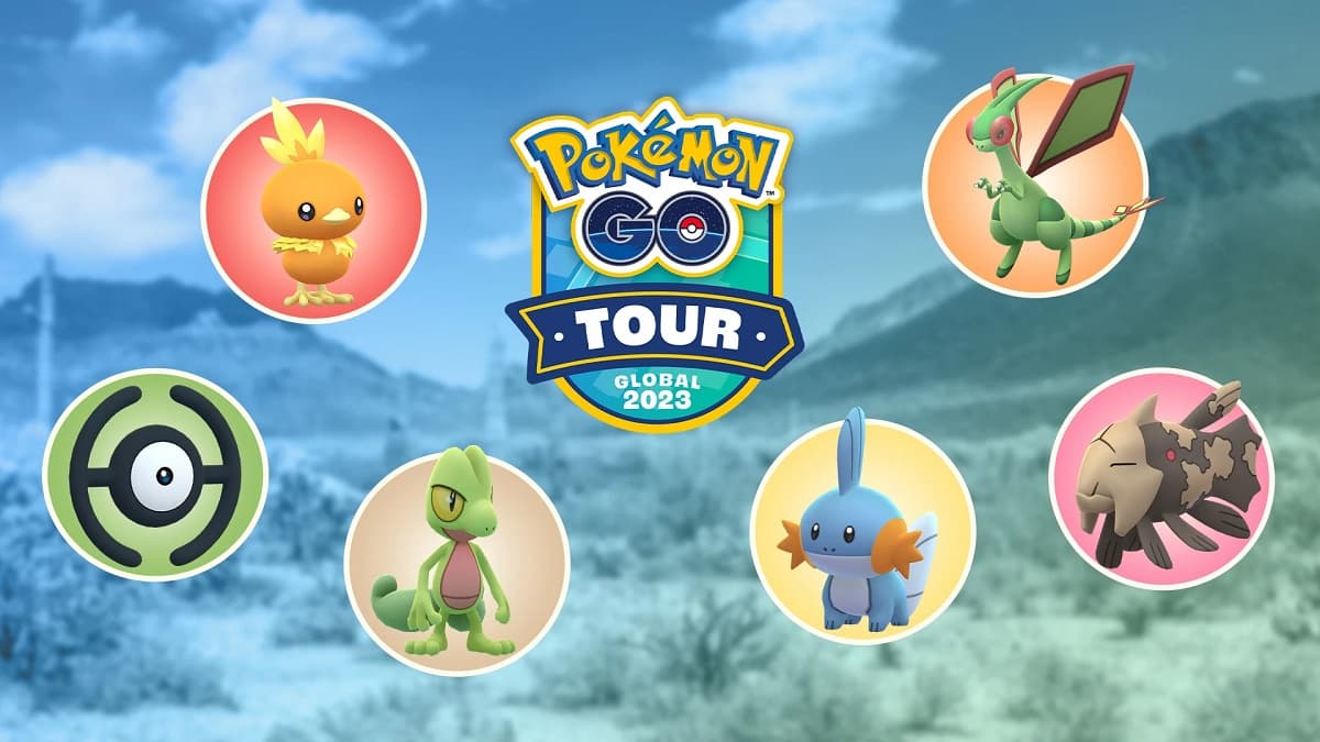 Pokemon Go Tour logo surrounded by featured Hoenn Pokemon