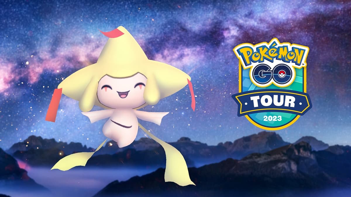 Shiny Jirachi alongside a Pokemon Go Tour 2023 logo