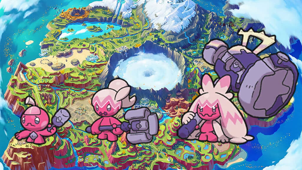 Tinkatink, Tinkatuff and Tinkaton with a map of the Paldea Region in Pokemon Scarlet and Violet