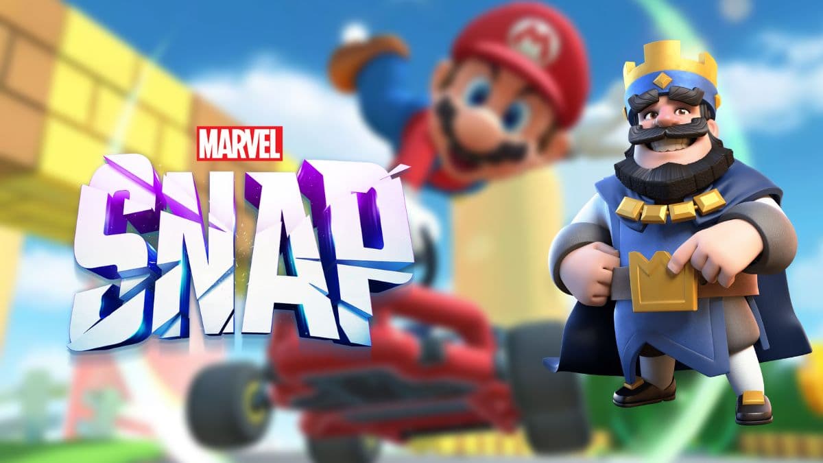 Marvel Snap logo, Clash Royale's King, and Mario Kart Tour cover