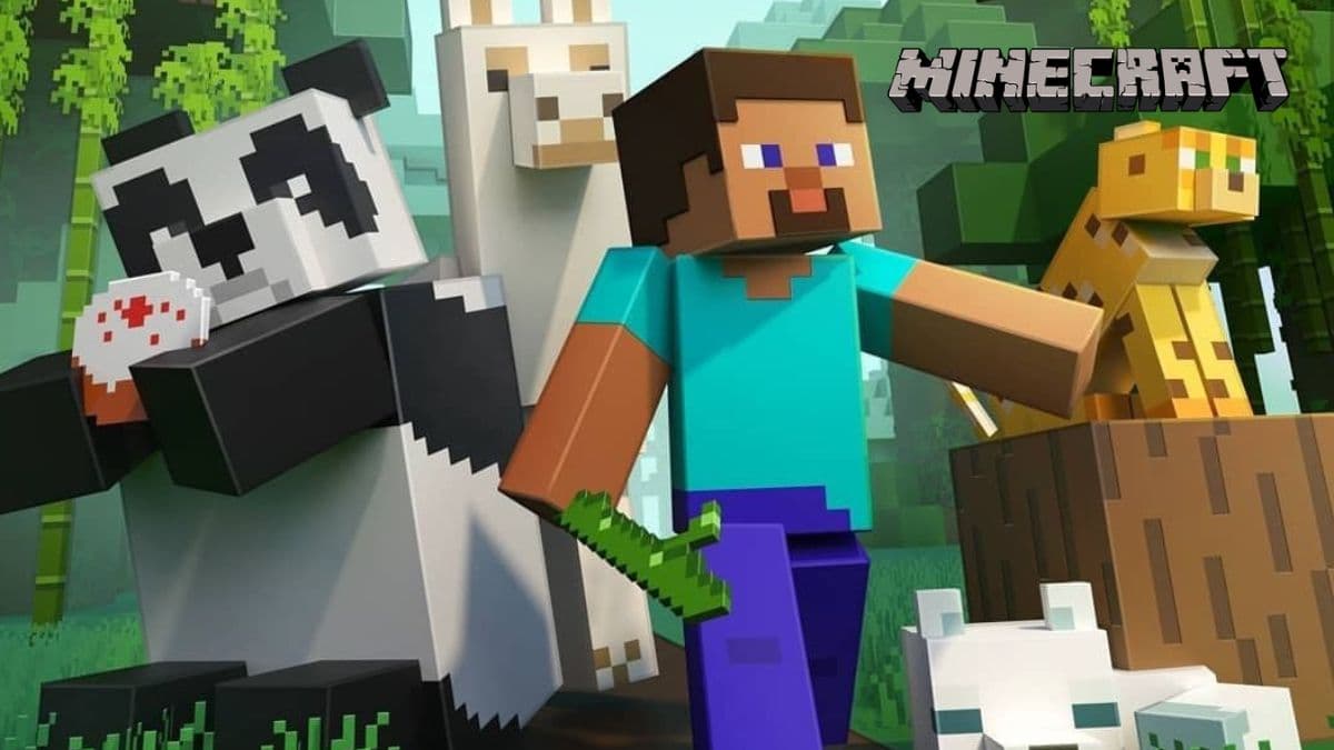 Minecraft's Steve with a panda, llama, and cat