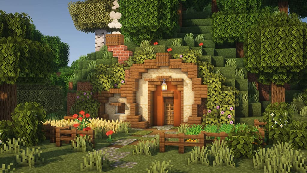 Minecraft house surrounded by grass