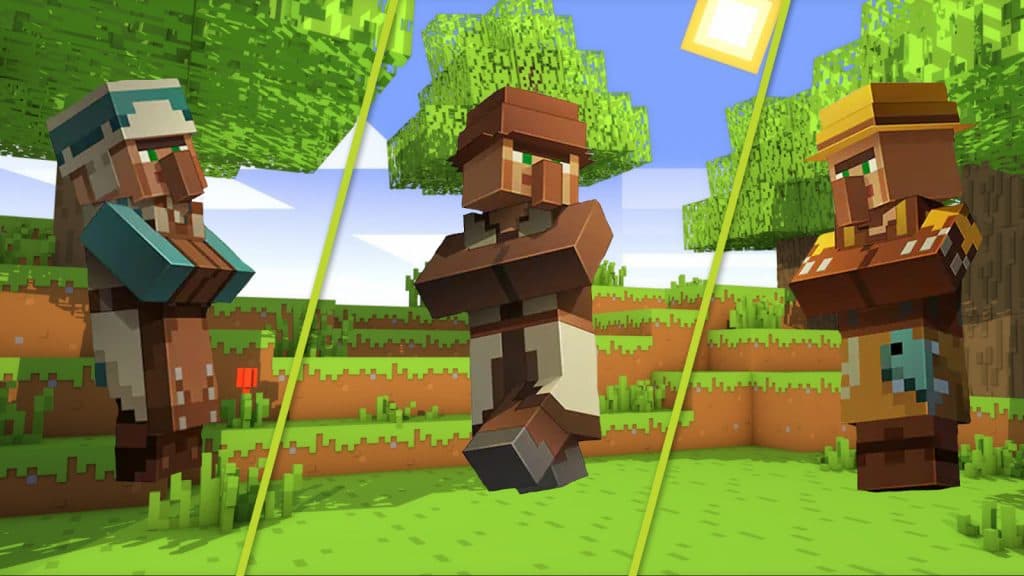 Three Minecraft Villagers with different jobs