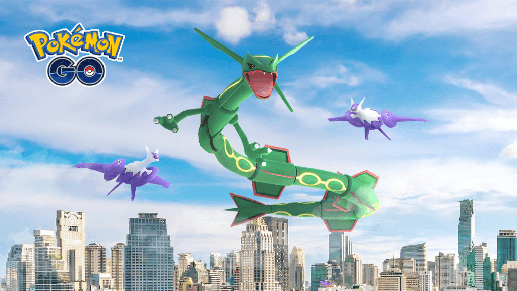 Three pokemon flying over a city