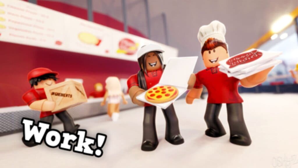 Welcome to Bloxburg characters working at a pizza place.