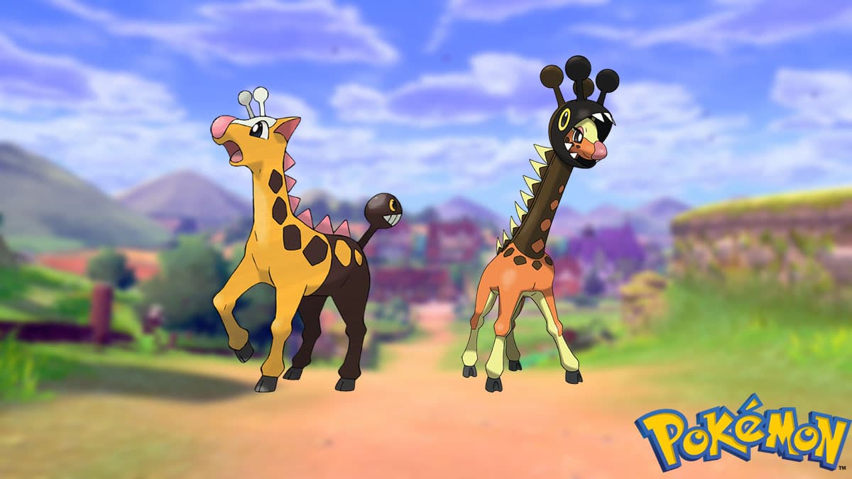 Girafarig and Girafarig in a Pokemon Sword and Shield background