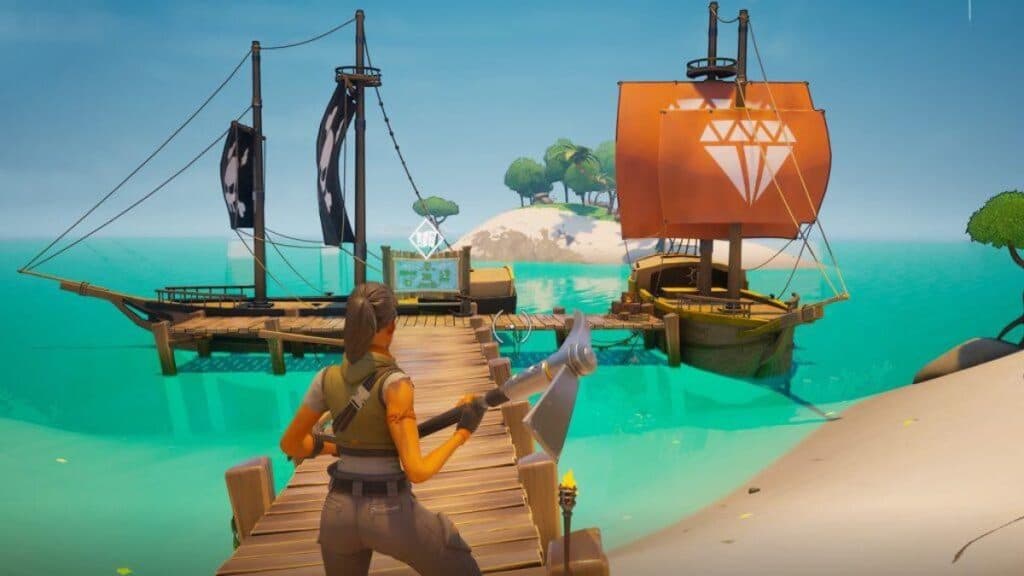 Fortnite player looking at boat in Pirate Adventure