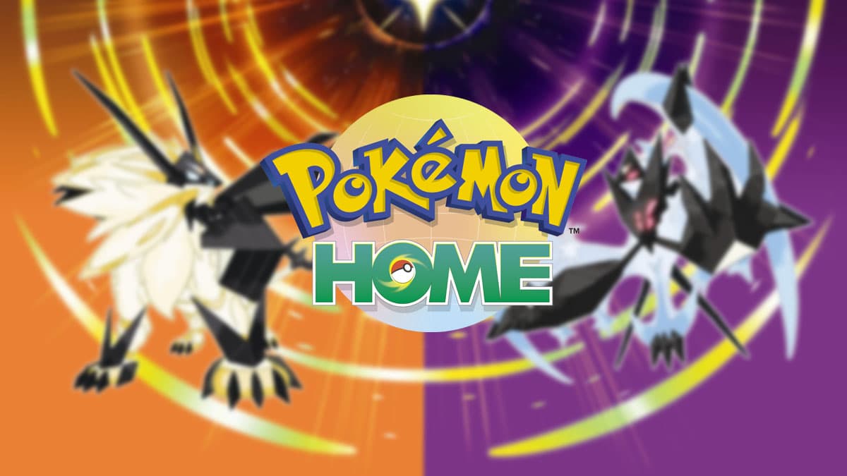 Pokemon Home logo with a Pokemon Ultra Sun and Ultra Moon background