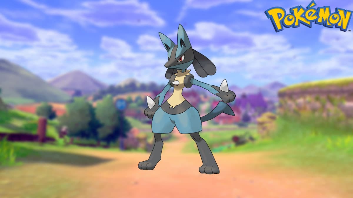 Lucario in a Pokemon Sword and Shield background