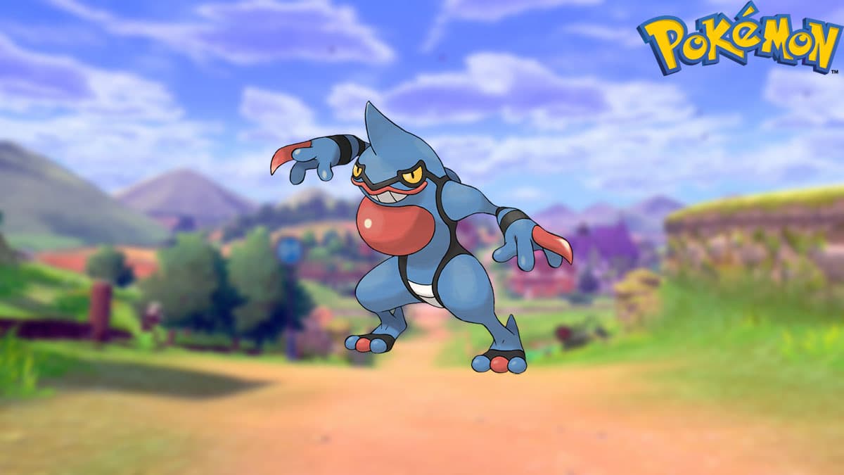 Toxicroak in a Pokemon Sword and Shield background