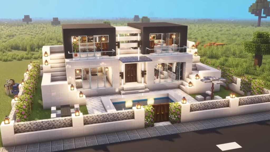 Modern house with detailed rooms in Minecraft