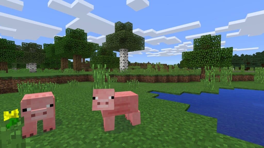 Pigs in a grassland in Minecraft