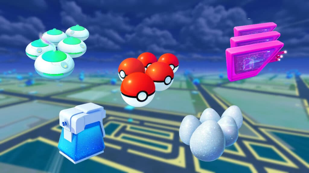 Pokemon Go items such as Max Potion, Lucky Eggs, and Poke Balls