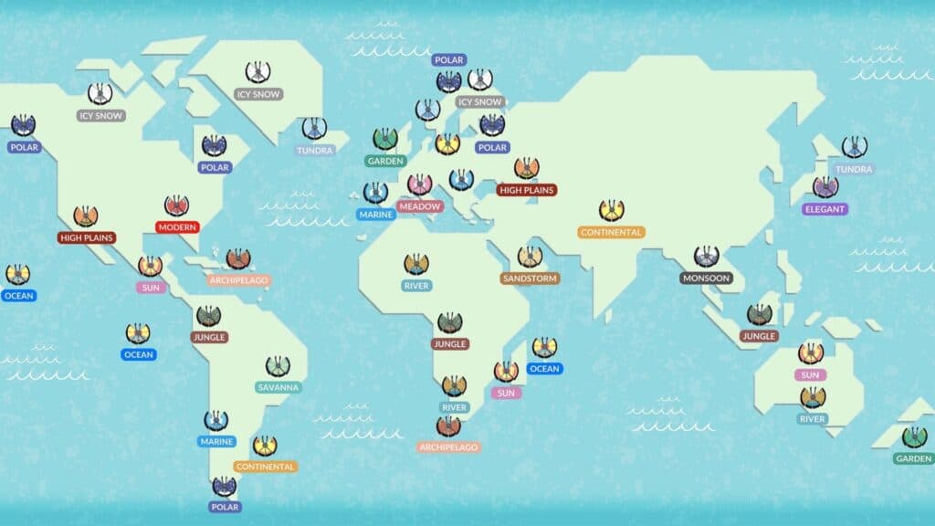 A World map marking every Vivillon pattern and its region