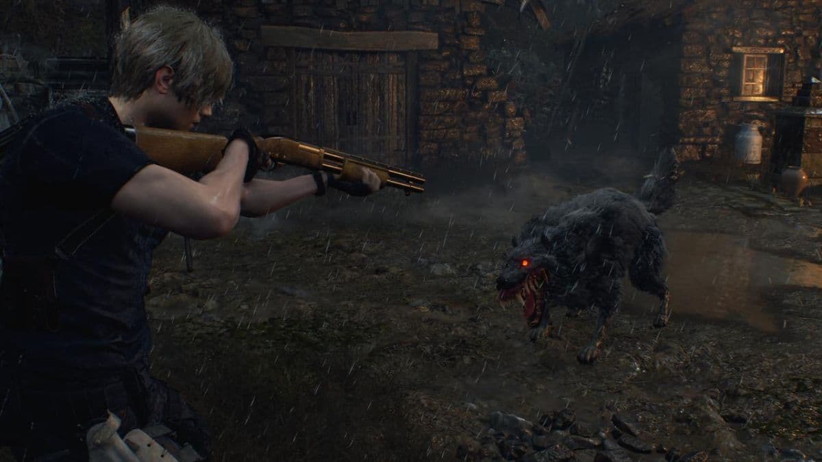 leon fighting the savage mutt in resident evil 4 remake