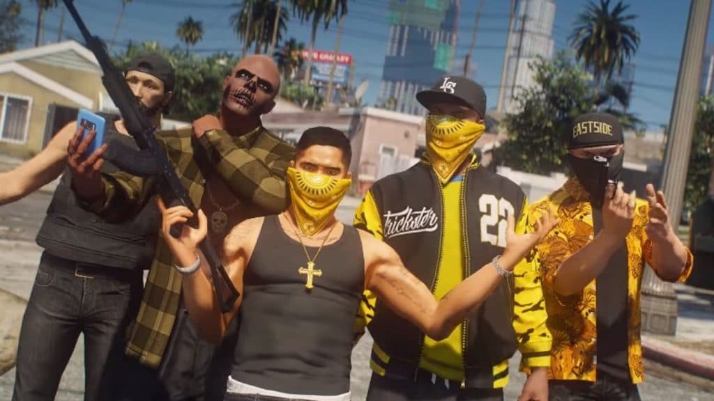 GTA Online characters posing with guns and masks