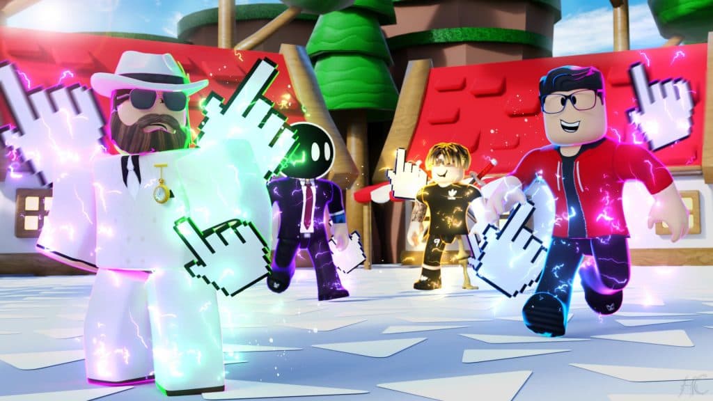 Roblox Clicker Simulator thumbnail featuring various characters with cursors on them.
