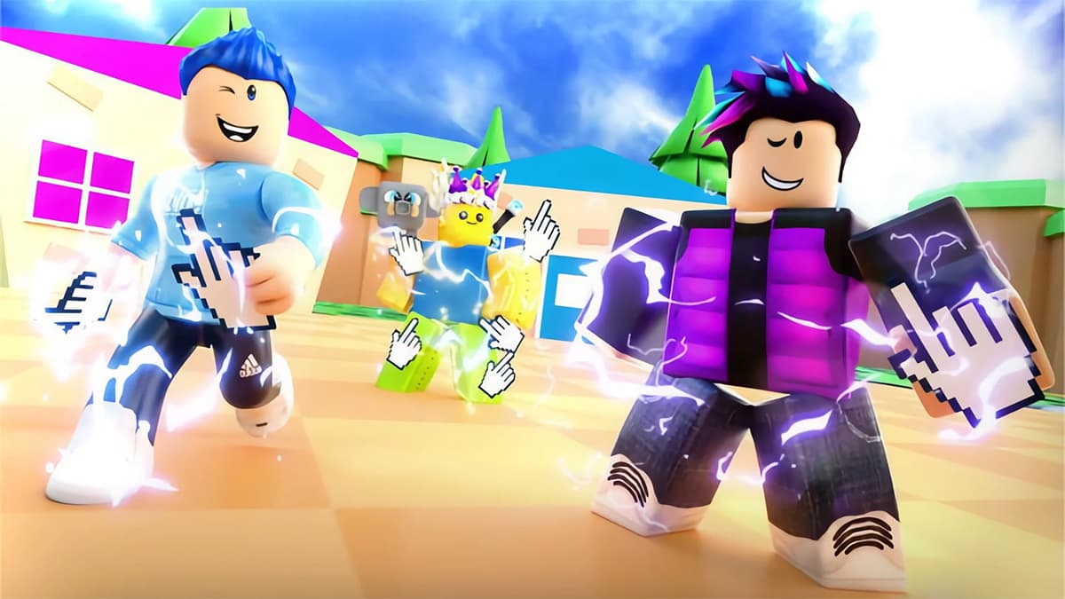 Roblox Clicker Simulator thumbnail featuring various players with cursors on them.