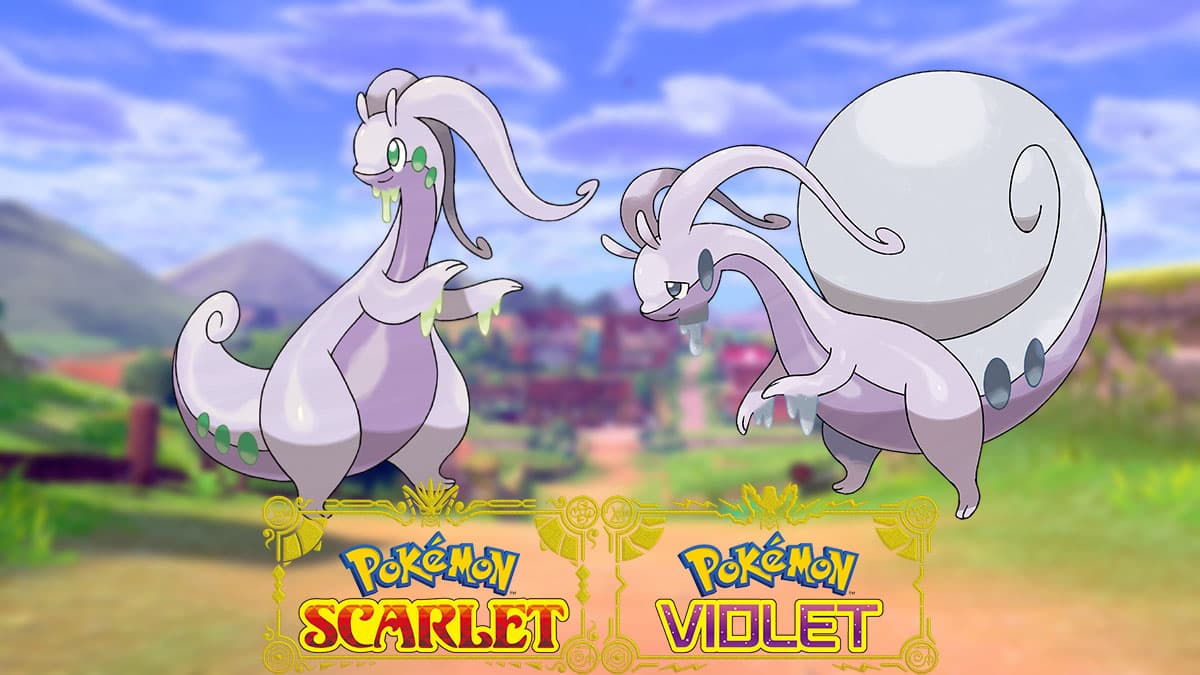 Goodra and Hisuian Goodra in a Pokemon Sword and Shield background