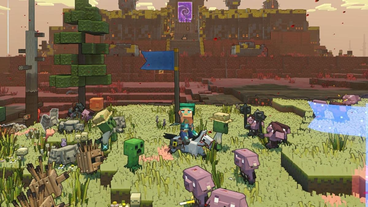 Minecraft Legends character surrounded by mobs