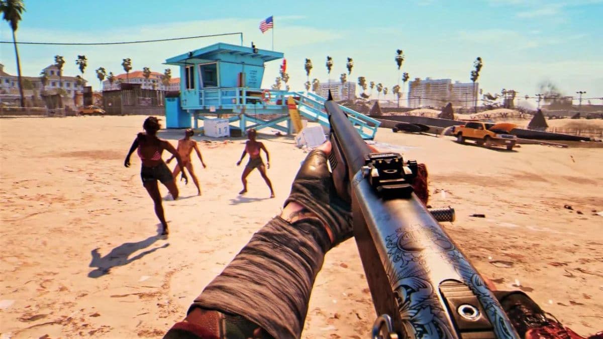 dead island 2 character holding a shotgun to zombies