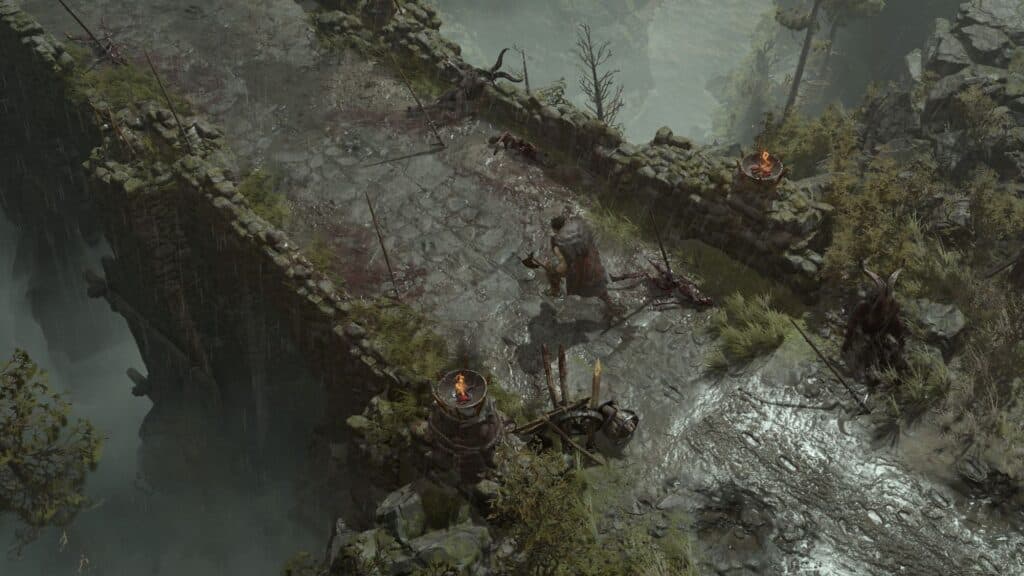 Character crossing a bridge in Diablo 4
