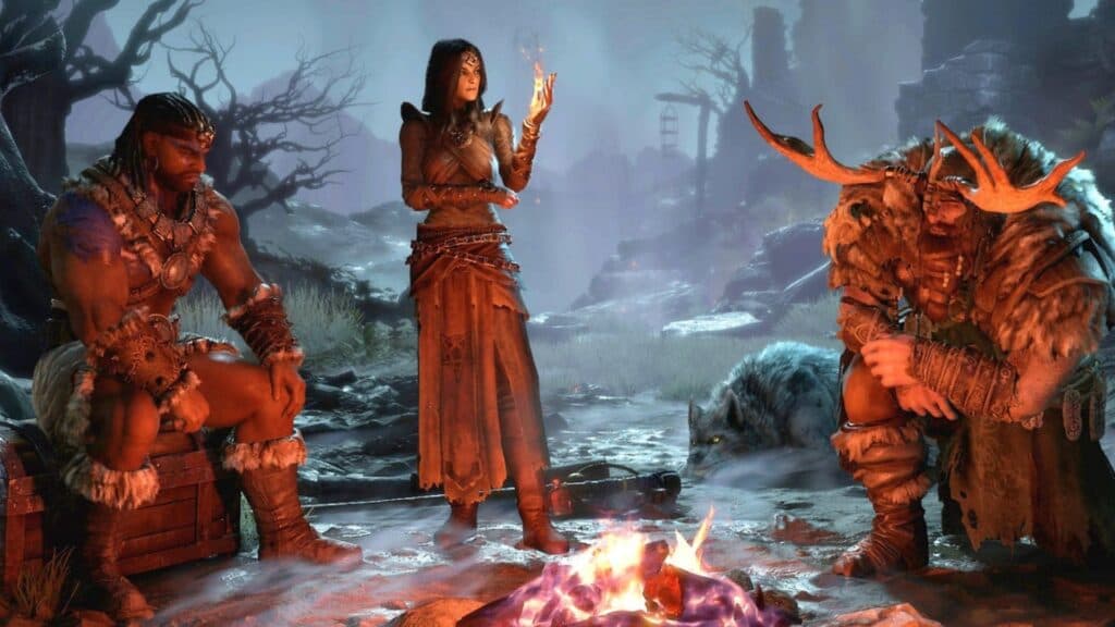Warriors surrounding a campfire in Diablo 4