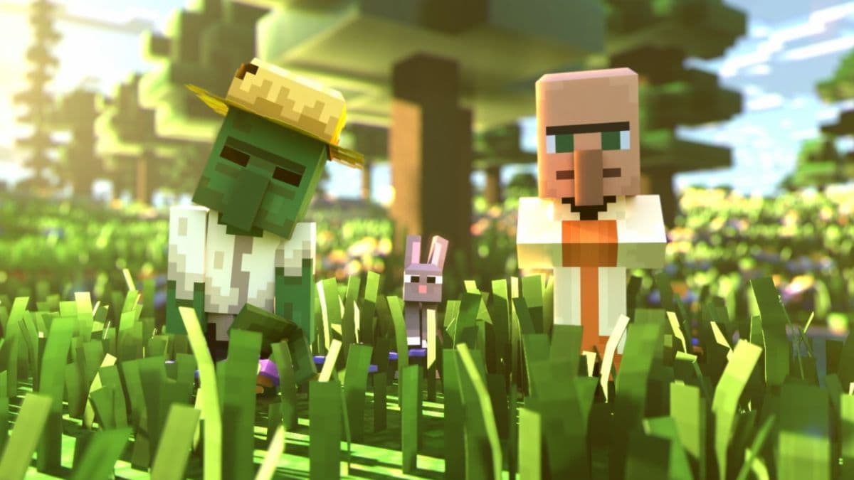 Villager and creeper standing together in Minecraft Legends