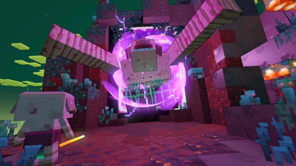 A piglin boss coming from the Nether in Minecraft