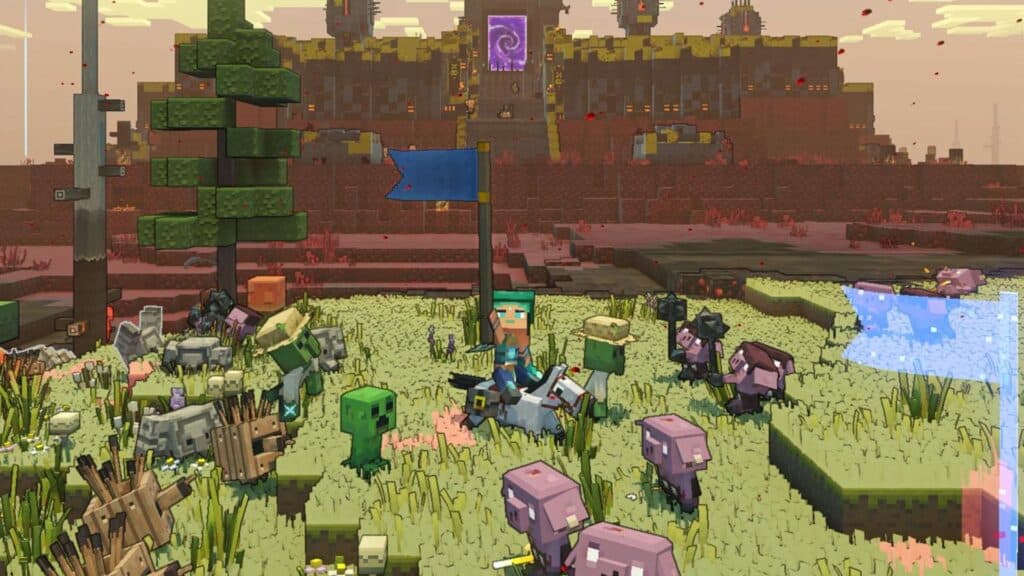 Minecraft Legends open-world with hero and mobs
